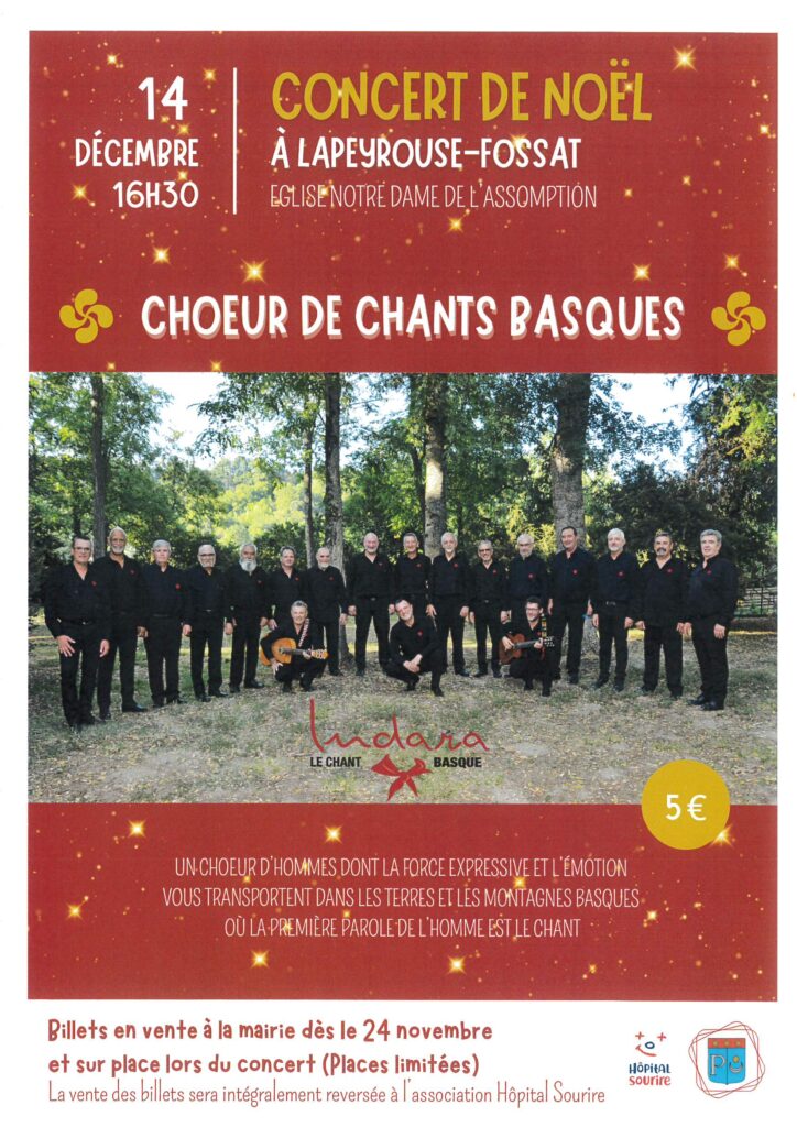 Affiche rouge avec tâche de lumière. Photo centrale avec plusieurs hommes en noir composant le chœur. Ecritures reprenant l'ensemble des informations sur le concert de noël à Lapeyrouse-Fossat